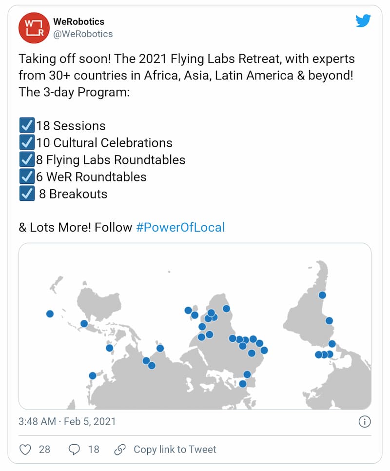 Tweet: Taking off soon! The 2021 Flying Labs Retreat, with experts from 30+ countries in Africa, Asia, Latin America & beyond! Flying Labs share local wisdom with one another.