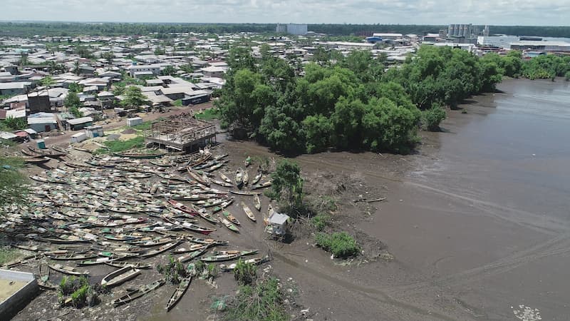 Drone image of construction at the marshy banks of River Wouri